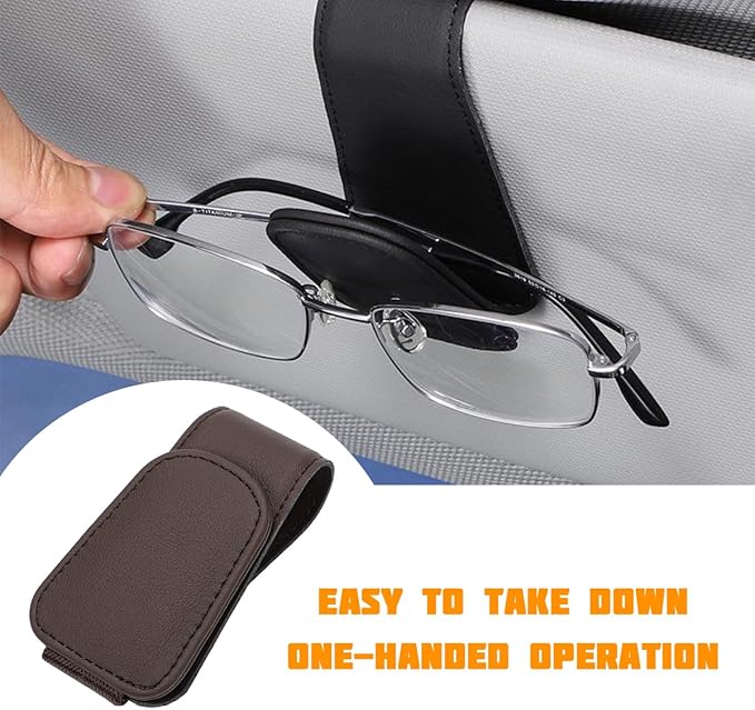 Sunglasses Holder for Car Visor, Microfiber Leather Magnetic Sun Visor Eyeglasses Hanger & Ticket Card Clip, Multi-Function Automotive Interior Glasses Mount, Universal Fit (Brown)