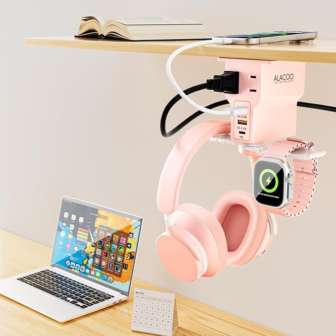 Gaming Headphone Stand with Charging Station - Aluminum Hooks Headphone Holder, Under Desk Headset Stand, 3 USB & AC Outlet, Surge Protector & Cable Organizer, Gift for Girl/Men