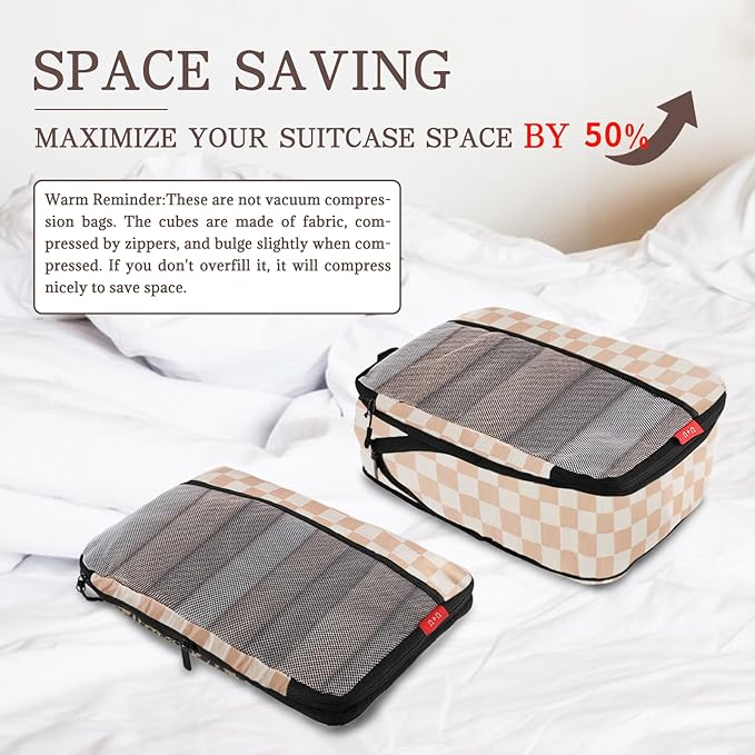 U+U 4 Set Compression Packing Cubes - Ultralight Travel Organizers, Space-Saving Suitcase Organizer, Expandable Packing Cubes for Travel, Business Trip and Family Vacation (Khaki Checkered)