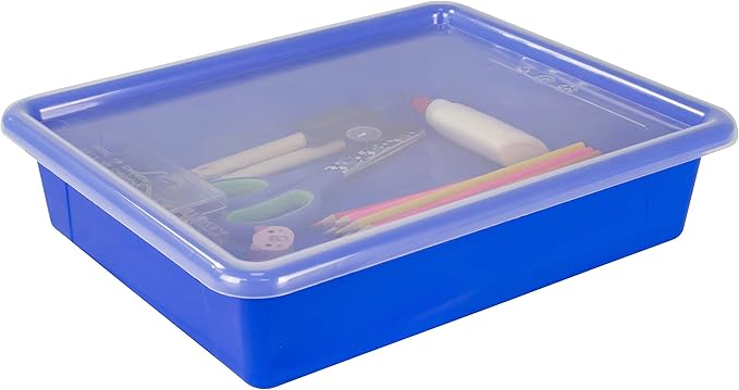 Storex Letter Size Flat Storage Tray – Organizer Bin with Non-Snap Lid for Classroom, Office and Home, Assorted Colors, 5-Pack (62534A05C)