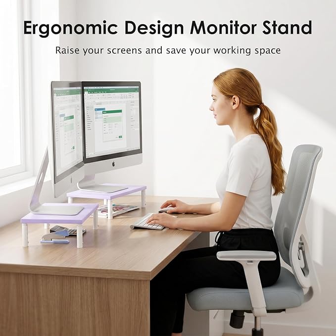 ECOLOVI Wood Computer Laptop Monitor Stand Riser, 4-Height Adjustable Desk Organizer and Accessories, Workspace Office Desk Decor & Accessories for Women, Purple