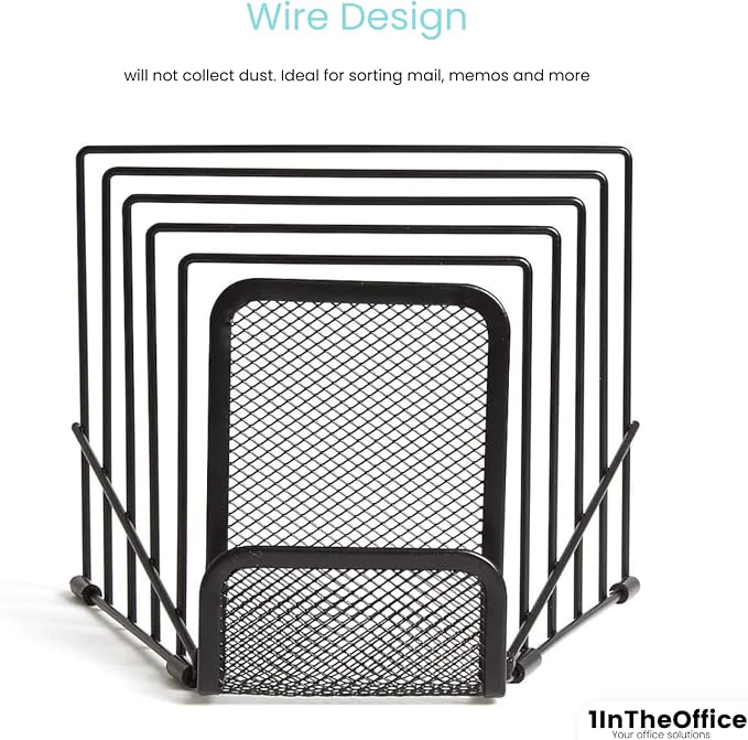 1InTheOffice Metal Incline Desktop File Sorter, Black Wire Mesh Step Sorter, 6 Compartments
