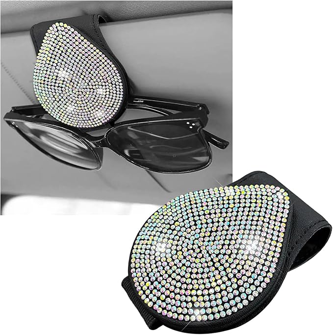 KVAEY Bling Sunglass Holder for Car Visor, Magnetic Leather Visor Clip Glasses Holder with Sparkling Rhinestones, Crystal Visor Ticket Card Clip for Women Girls, Car Accessories (Black & Colorful)