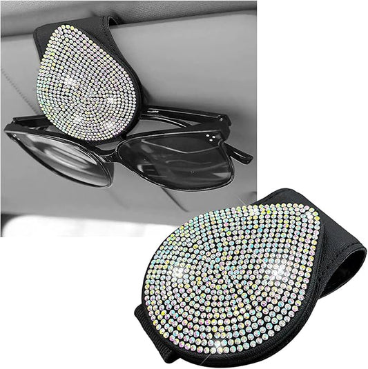 KVAEY Bling Sunglass Holder for Car Visor, Magnetic Leather Visor Clip Glasses Holder with Sparkling Rhinestones, Crystal Visor Ticket Card Clip for Women Girls, Car Accessories (Black & Colorful)