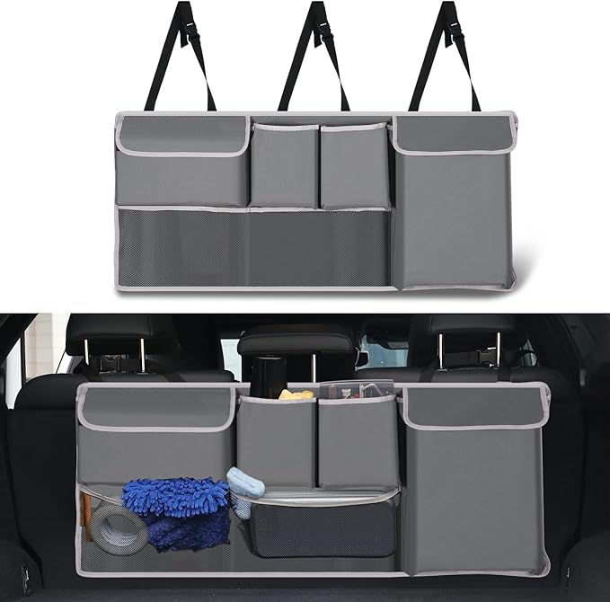 UYYE Trunk Hanging Organizer, Backseat Storage Bag, Collapsible Car Interior Accessories with 4 Pockets & 2 Mesh Pouches for Tools, Provide More Storage Trunk Space for SUV, Jeep, MPVs (Grey)