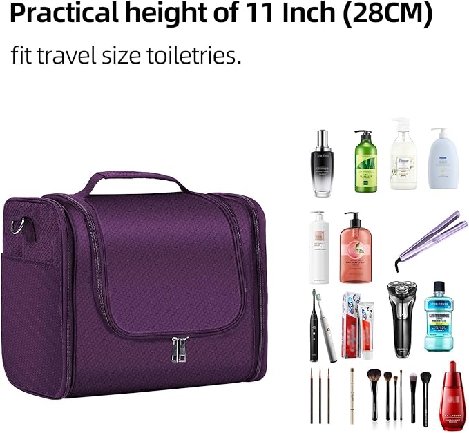Buruis Extra Large Toiletry Bag for Women and Men, Hanging Travel Bag with Detachable Shoulder Strap for Full-Sized Toiletries, Water-Resistant Dopp Kit for Family Use and Long Trips, Purple