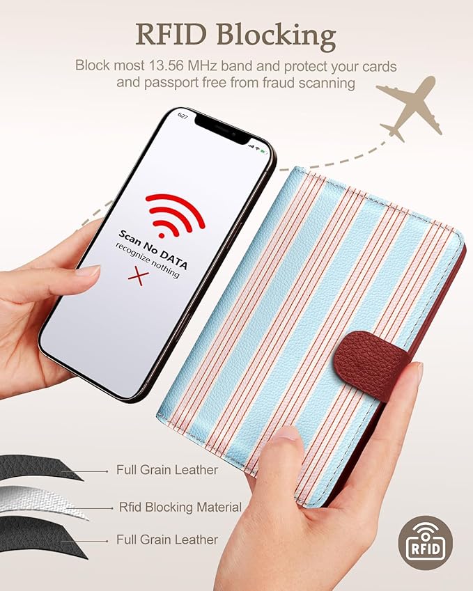 Slohif Passport Wallet Holder Cover for Travel - Women Men RFID Blocking Passport Book Case Protector, Blue Cute Stripe Leather Personalized Organizer Slim Carrier Boarding Pass Cards Slots