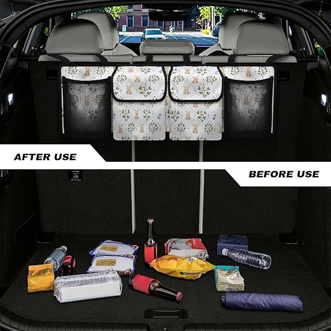 Cute Rabbit Print Car Trunk Organizer with 4 Pockets Foldable Car Backseat Storage Bag Detachable Car Storage Accessories for SUV Sedans Hatchback Crossover Minivan