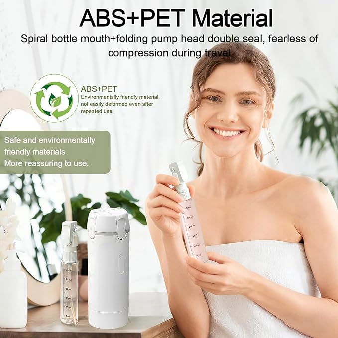 4 in 1 Travel Dispenser Bottles Refillable,Travel Shampoo and Conditioner Bottles，No Spill Space Saving Compact,for Vacation Business Trip(White