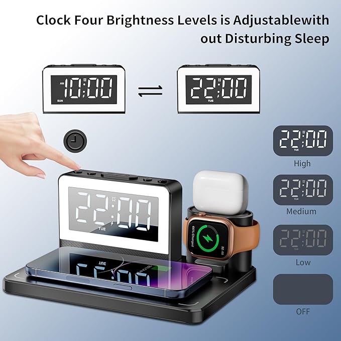 Wireless Fast Charging Station - 7 in 1 Alarm Clock with Wireless Charger Stand - Charging Dock for Apple,for Samsung Galaxy Multiple Devices - for iPhone Watch,for Airpods (Black)