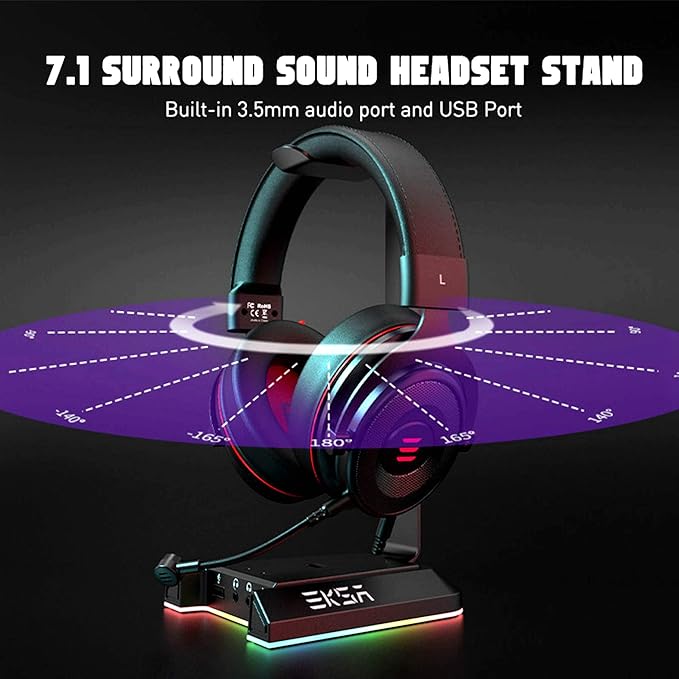 EKSA Headphone Stand, RGB Gaming Headset Stand for Desk with 7.1 Surround Sound, Headphone Holder with 3.5mm Aux and 2 USB Ports, Aluminum PC Gamer Headset Accessories for All Headphones Size