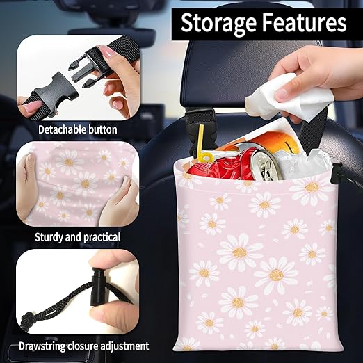 Car Trash Bag Large Hanging Can for Back of Seat, Cute Waterproof Car Garbage Bag for Vehicle, Travelling, Outdoor Cute Pink Daisy