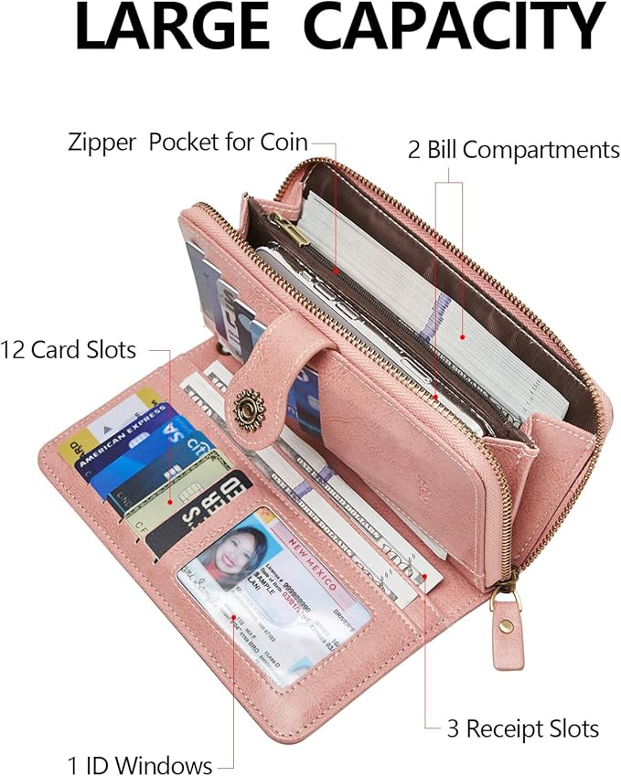 TFKGS Wallet for Women RFID Blocking Leather Large Capacity Card Holder Ladies Phone Clutch Travel Long Purse Wristlet | RFID Blocking, Leather, Large Capacity, Ladies, Travel