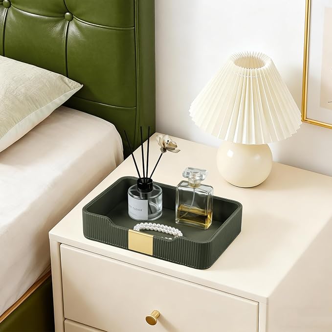 Valet Tray Desktop Storage Organizer, PU Leather Catchall Bedside Vanity Tray with Brass Accents Block Nightstand Organizer for Keys Watch Wallet Phone, Decorative Nightstand Storage (Green)