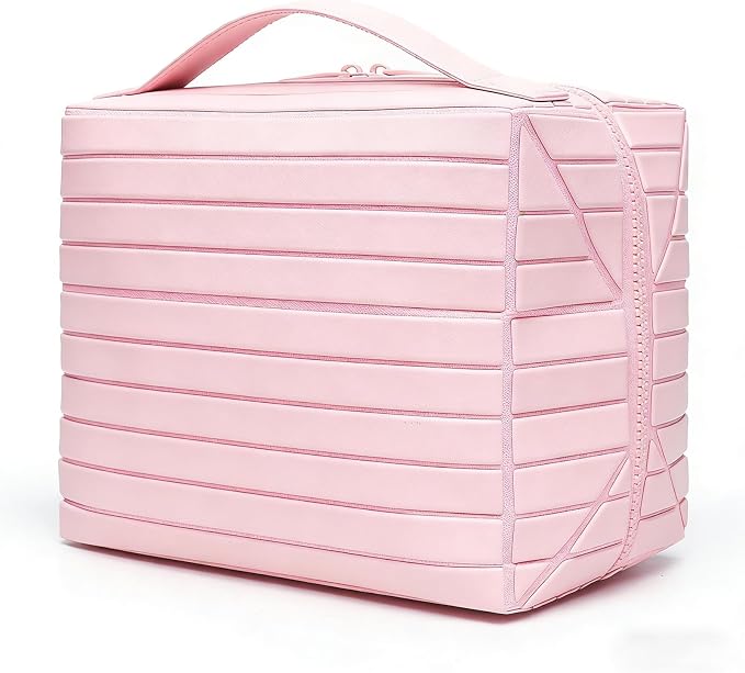 Fold Down Standing Makeup Bag – Large Travel Toiletry Organizer (Pink) | Parallel design, waterproof PVC, stands upright or folds flat. Full-size cosmetics & Toiletries. Ideal for travel, gym, home.