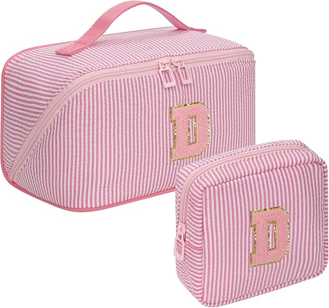2026 Graduation Gifts - Travel Makeup Bag for Women, 2Pcs Portable Personalized Initial Makeup Organizer Bag, Open Flat Large Cosmetic Bag With Travel Essential Pouch (Pink Letter D)