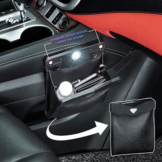 Smart LED Car Trash Can Waterproof Garbage Bag Passenger Side Artificial Leather Storage Pocket Leak Proof Reusable Traveling Portable Offices Toilet Garbage Cans Back Seat Hanging (Beige-1pack)