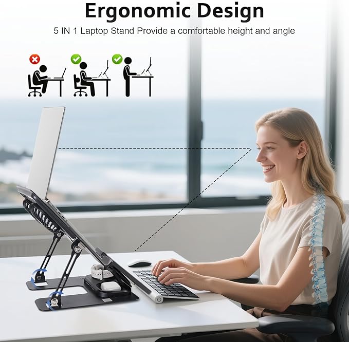 Laptop Stand with 3 in 1 Wireless Charging Station,Laptop Phone Stand with 2 Removable Silent Fans,Adjustable Height and Angle,Sturdy and Portable,Laptop Cooling Pad for 10-15.6 Inch Laptop.