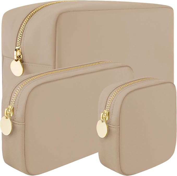DANCOUR 3-Piece Beige Makeup Bag Set – Mini, Small & Large Cosmetic Bags for Women & Girls, Cute Travel Toiletry Bag Set, Makeup Organizer Pouches for Purse or Travel