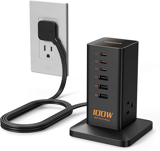 Charging Station PD 100W, TESSAN 9-in-1 USB C Power Strip for iPhone 17/16/15, MacBook, Tablet, Desktop Phone Fast Charger with 3 AC, 3 USB-A Ports, Home Drom Office Accessories