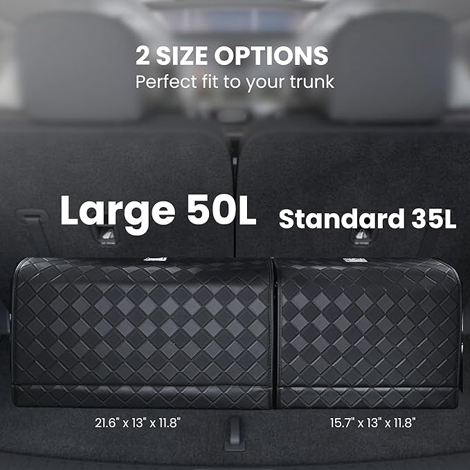 Foldable Car Trunk Organizer – Waterproof 2-Section Expandable Storage with Quick-Fold Tech, Fits SUV/Sedan for Groceries/Travel (Black, Large)