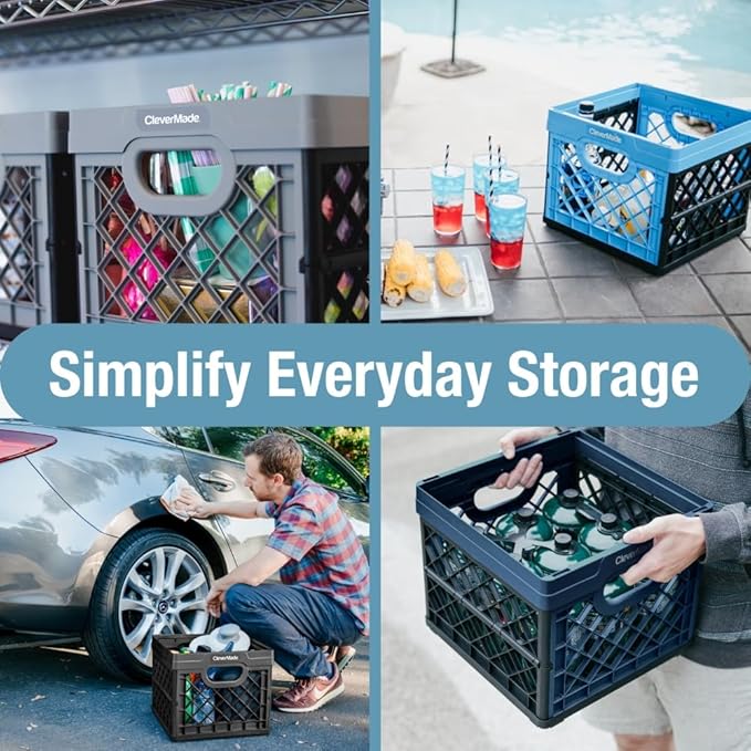 CleverMade Collapsible Milk Crate 25L (6.6 Gal), 50 lb Capacity Heavy Duty Folding Crate – Stackable Storage Crates with File Rails, Plastic Collapsible Crates - Obsidian
