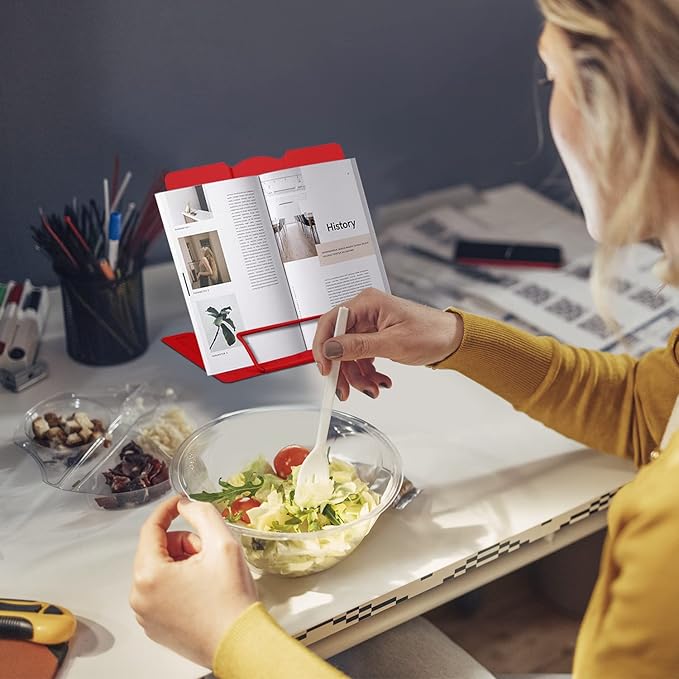 Honagu Book Stand Metal Desk Book Holder, Book Holders for Reading Hands Free, Adjustable Cookbook Documents Holder, Portable Bookstand for Music Books, Textbook, Recipe, Tablet, Ipad (Red)