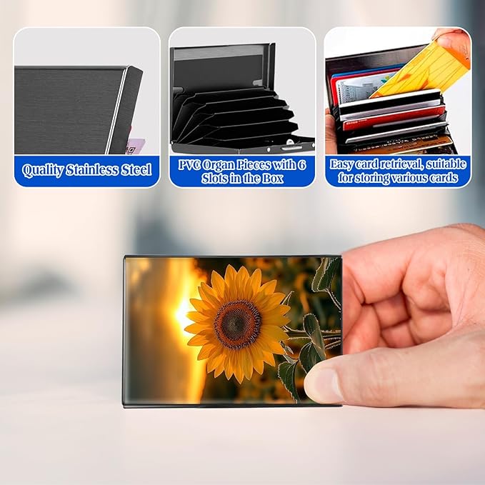 RFID Blocking Credit Card Holder - Slim Metal Wallet for Women & Men,Sunset Sunflower Design Stainless Steel Business Card Case,Compact Pocket Organizer for Travel & Daily Use
