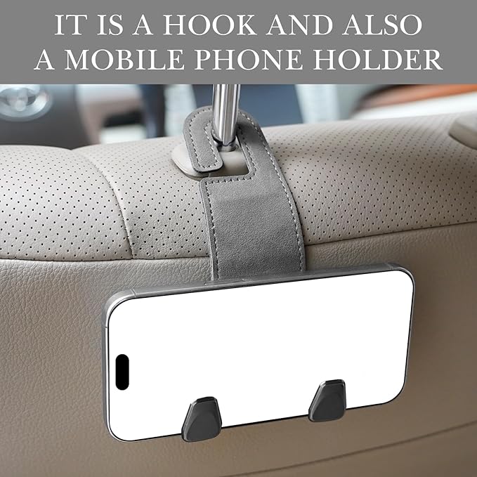 Adorila 2-Pack Car Headrest Hooks | 2-in-1 Vegan Leather Purse Hanger & Phone Holder | Automotive Seat Back Organizers for Bags, Hats or Groceries (Grey)