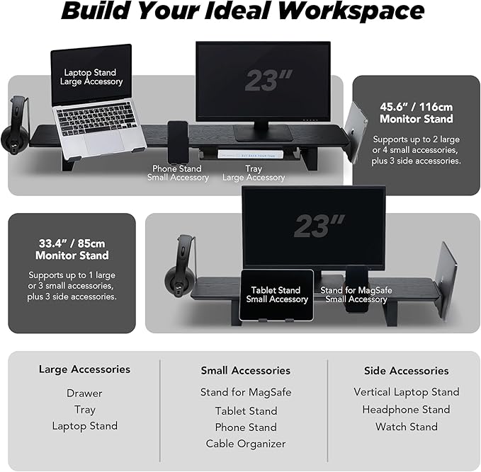 ULTRARM Moodular Wooden Monitor Stand 33.4??(85cm) Desk Organizer with Metal Slide Rails for Drawer, Tray, Laptop, Tablet, Phone & Headphones Customizable Riser for Organized Workspace Walnut MS85-W