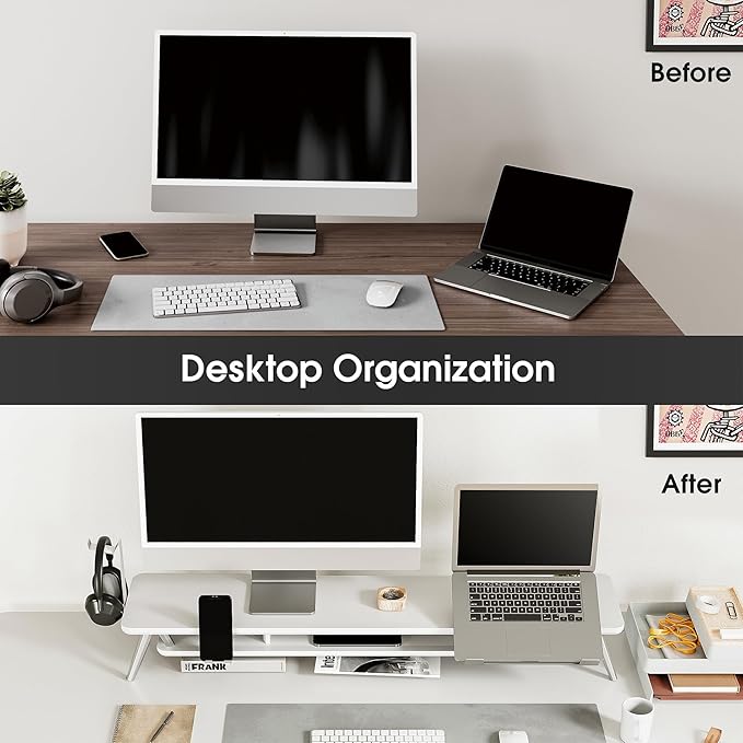 Fenge Dual Monitor Stand, Monitor Riser for 2 Monitors with Adjustable Laptop Riser , 42.5 Inch Desk Shelf for Top of Desk with Phone Holder& Headphone Stand