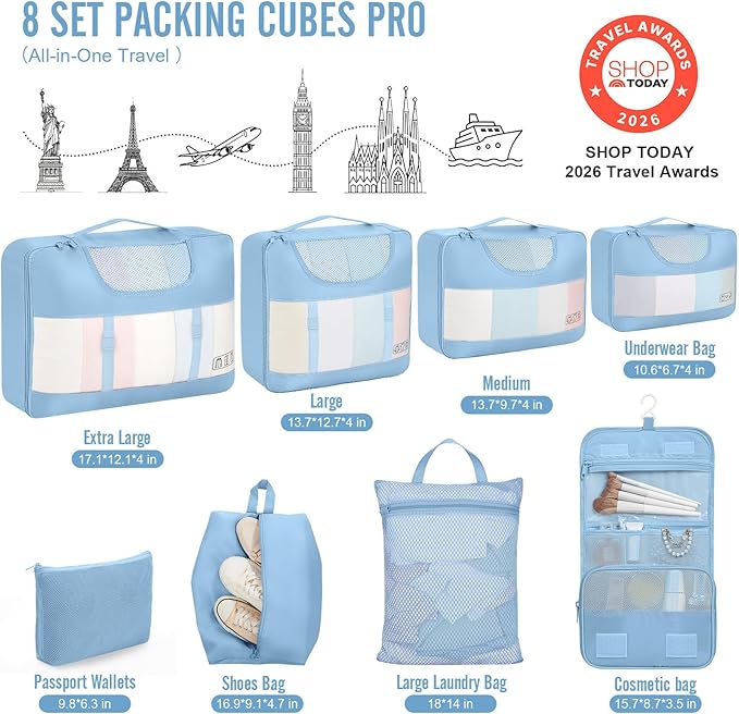 Veken 8 Set Packing Cubes for Travel Essentials, Suitcase Organizer Bags in 4 Sizes, Carry-On Luggage Accessories with Large Laundry & Hanging Toiletry Bag, Must-Have for Airplane, Road Trip & Camping