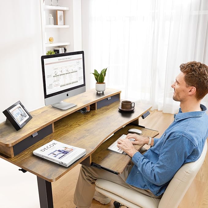 HUANUO 48" x 26" Electric Standing Desk with 2 Drawers & 26.7" Large Keyboard Tray, C-Clamp Mount Compatible, Adjustable Computer Desk for Home Office, Stand Up Desk with 4 Height Presets, Vintage
