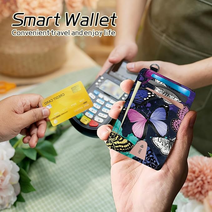 Small Travel Wallets, Color Butterfly Slim Minimalist Front Pocket Wallet with Wristlet, RFID Blocking PU Leather Credit Card Holder with ID Window Change Purse for Men Women