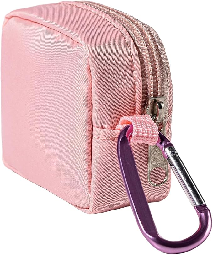 2-Piece Mini Pouch with Carabiner Clip, Unisex Small Organizer Case for Electronics, Makeup, and Accessories (Pink)