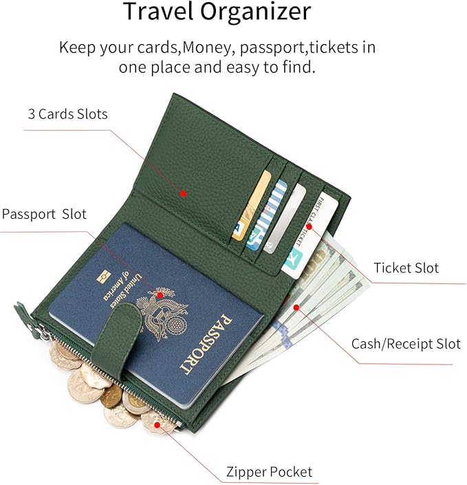 Passport wallet and Card Slot Combo RFID Blocking Slim Leather Travel Passport Wallet for Men and Women with Zippered Coins Pocket Passport holder, Green