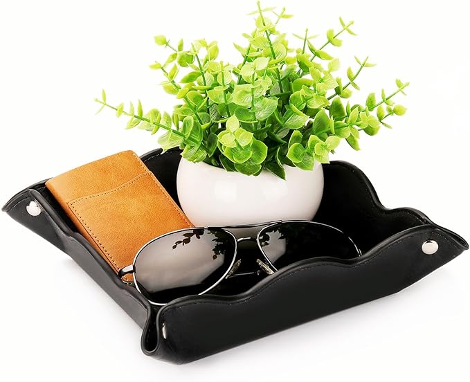 Valet Tray for Men Women - PU Leather Travel Catchall Tray Organizer - Desk Bedside Nightstand Storage Box for Jewelry Key Phone Remote Controller Wallet Watch Glasses Coin Readers -Black