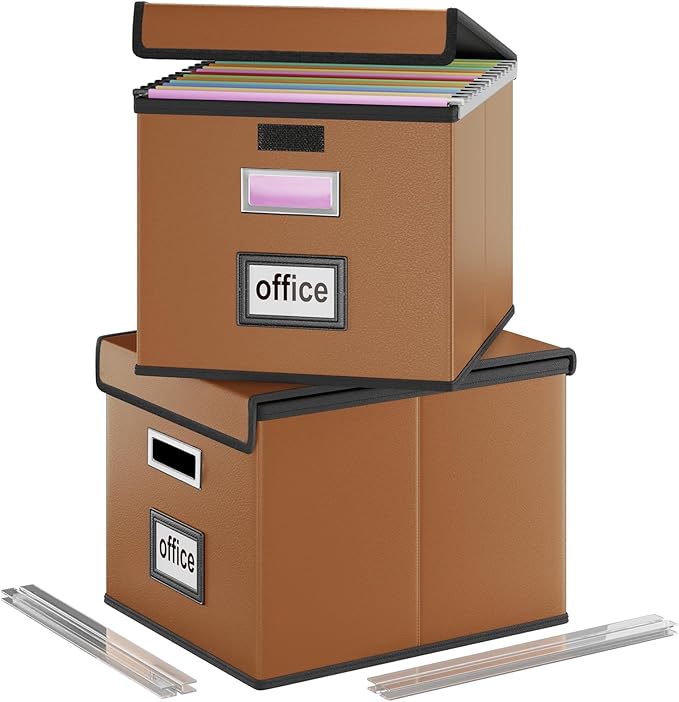 File Organizer Boxes with Lids, Collapsible Faux Leather Hanging File Folder Box Organizer with Plastic Slide, Decorative Home/Office Filing System Boxes for File and Folders Storage