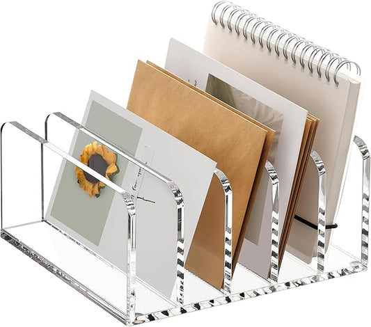 SANRUI 5 Compartments Acrylic Mail Sorter Holder, Clear Document Magazine Envelope File Rack, Vertical Letter Sorter & Multifunction Desk Organizer for Bills, Documents, Notebooks