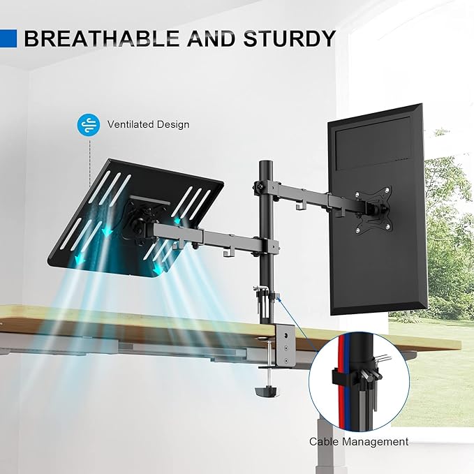 GRIFEMA Monitor Arm with Laptop Tray for 13-32" Screen, Laptop Monitor Stand with Desk Clamp, Height Adjustable Laptop Arm, Tilt Rotation Swivel, VESA: 75x75 & 100x100mm GB2002-2