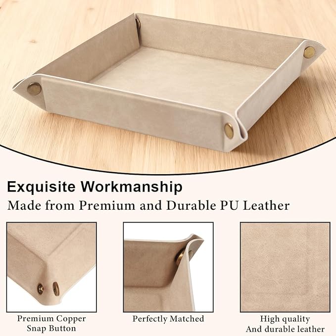 Valet Tray Desktop Storage Organizer – Premium PU Leather Catchall Bedside Vanity Tray Nightstand Caddy Holder for Remote Controller, Keys, Phone, Wallet, Coin, Jewelry,Apricot