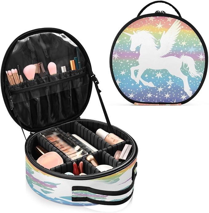 senya Round Cosmetic Pouch Travel Makeup Train Case Winged Unicorn Stars Makeup Organizer Bag with Adjustable Dividers Portable for Cosmetics Makeup Brushes Toiletry Jewelry Accessories