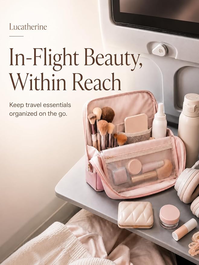 Large Travel Makeup Bag for Women, Large Makeup Bag Organizer with Brush Compartment, Upright Cosmetic Bag and Toiletry Bag, Wipe-Clean PU Makeup Pouch, Pink