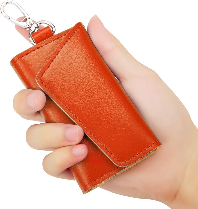 BAKUN Compact Leather Car Key Case, Key Holder Key Organizer Wallet, With 6 Hooks(Orange)