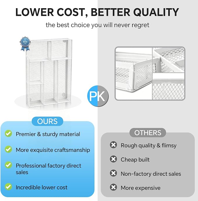 Desk Drawer Organizer, Office Drawer Divider Organizer Tray with 6 Compartments, Metal Mesh Desktop Organization and Accessories for Stationery Makeup Kitchen Toolroom School ＆ Office (Large-White)