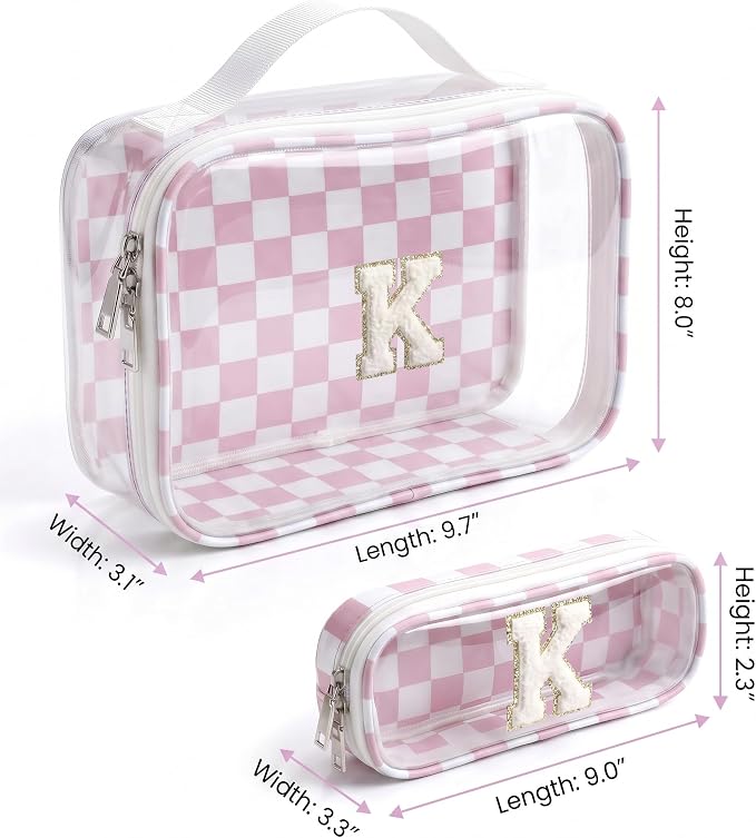 LETGO Checkered Sunscreen Bag Clear Makeup Toiletry Pouch Beach Vacation Essentials for Women Teen Girls Trip Gifts Summer Pool Travel Must Have Accessories Waterproof Stuff(K,Pink&Beige)