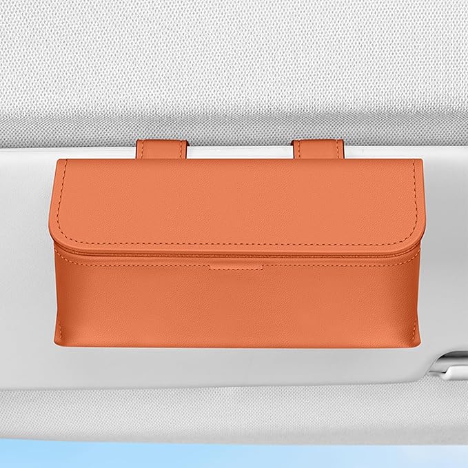Car Sunglasses Holder, Large Capacity Universal Fit Magnetic Closure Clip-On Visor Accessories Glasses Protective Storage Box for Man Women Orange