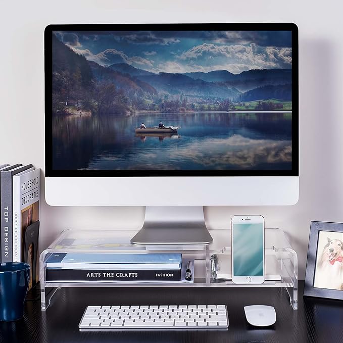 BEYGORM Acrylic Monitor Stand for Full Keyboard, 20" Wide 2-Tier Riser with Storage Shelf and Phone Holder, Desktop Organizer for Laptop, Printer, Screen (Clear)