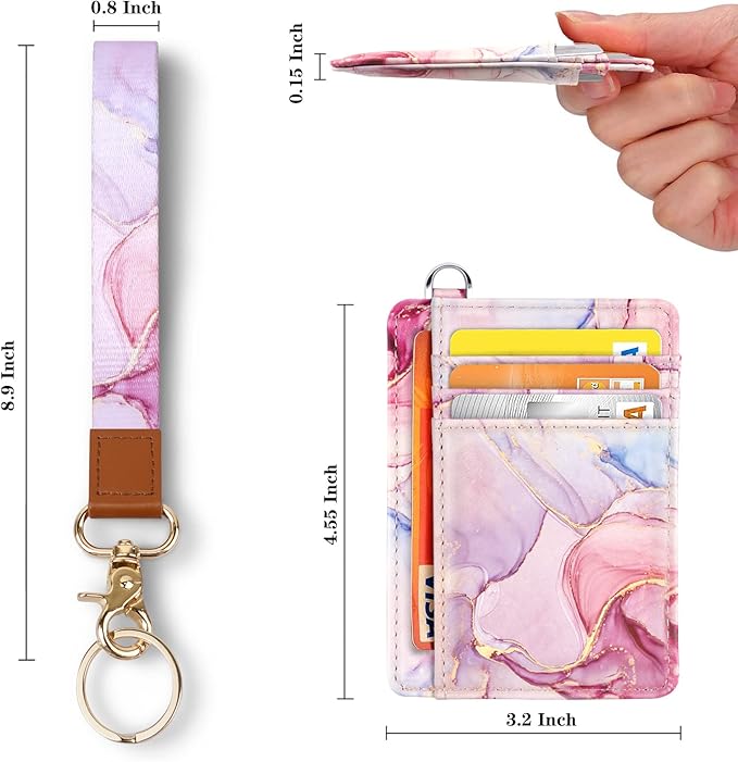 Coco Rossi Slim Front Pocket Wallet RFID ID Card Holder Cute Small Wallet with Wrist Lanyards Key Chain Holder for Women,Pink Marble