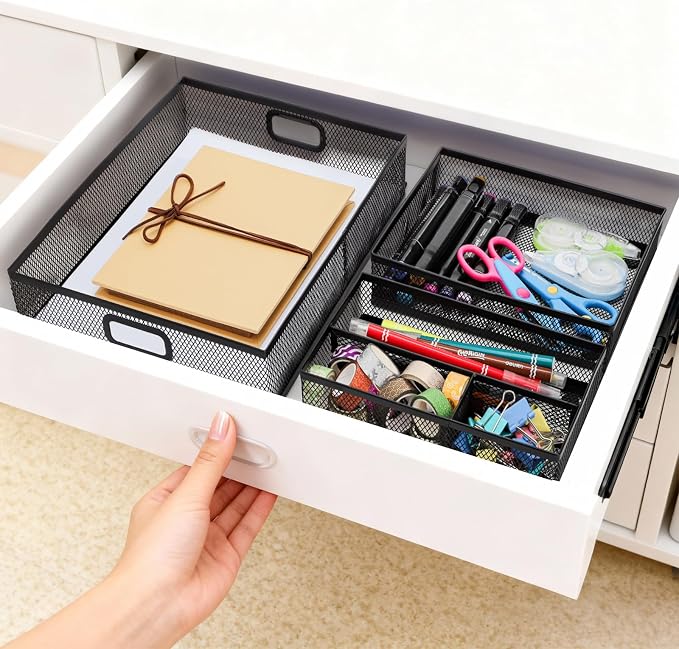 Noamus 3 Pack Office Drawer Organizer, Desk Drawer Divider Tray, Metal Mesh Desktop Basket, 6 Compartments Pen Storage Box for Makeup, Stationery, Office Supplies & Accessories, Kitchen(Black,3 Size)
